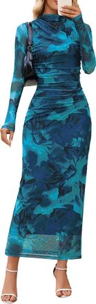 Merokeety Womens Spring Wedding Guest Dress 2026 Long Sleeve Bodycon Floral Mesh Fall Cocktail Holiday Party Maxi Dresses, Teal, M