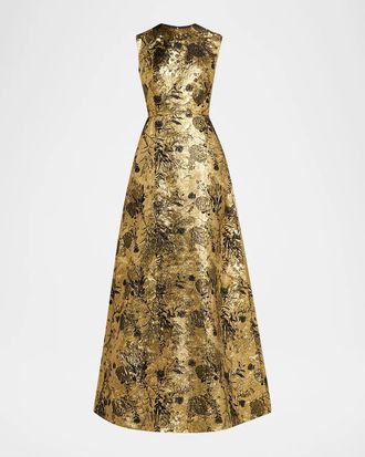 Reem Acra Metallic Floral Brocade Sleeveless A-Line Gown