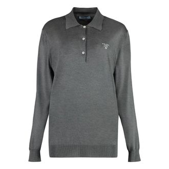 Prada Tops, Dames, Grijs, S, Long Sleeve Knit Polo Shirt