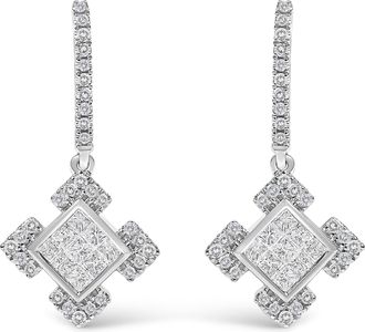 House of Brilliance 10K White Gold Princess and Round Diamond Geometric Composite Dangle Earrings
