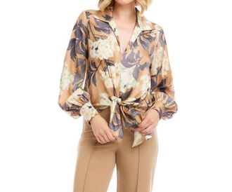 Karen Kane Blouson Sleeve Satin Tie-Front Top - Petite In Print