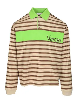 Versace Striped Cotton Polo Shirt With Inlay