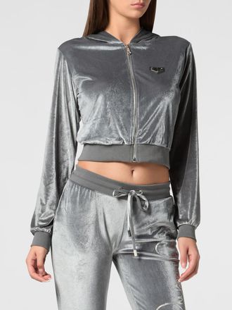 Philipp Plein Cropped Velvet Zip-Up Hoodie with Rhinestone Logo Detail