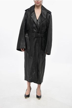 Balenciaga Double-Breasted Hammered Leather Trench Coat with Belt size 40