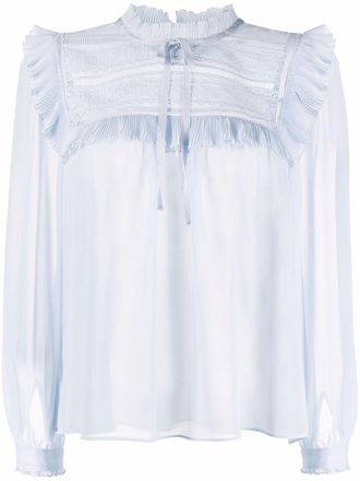 Self Portrait ruffled semi-sheer blouse - women - Polyester/Viscose - 10 - Blue