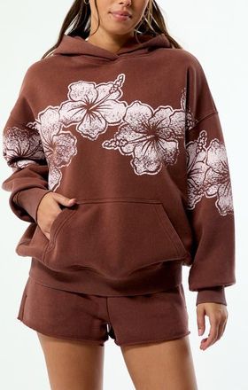 PacSun Hibiscus Print Cotton Blend Hoodie in Brown at Nordstrom, Size Xx-Small