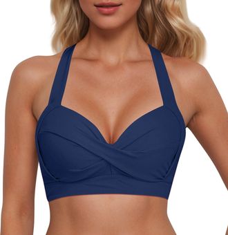 Generic Womens Bikini Tops Halter Neck Plus Size Swimwear Top Front Twist Self Tie Bathing Suit Push Up Padded Swim Bikini Top for Women UK Big Bust