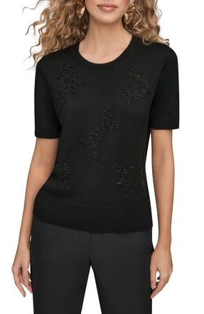 DKNY Floral Embellished Merino Wool Knit Top in Black at Nordstrom, Size X-Small
