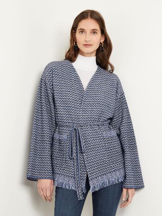 Misook Tie-Waist Fringe Trim Intarsia Knit Cardigan