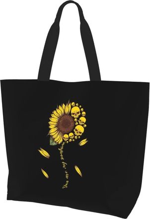AOOEDM Sunshine Sunflower Skulls Ladies Canvas Tote Reusable Shopping Bag