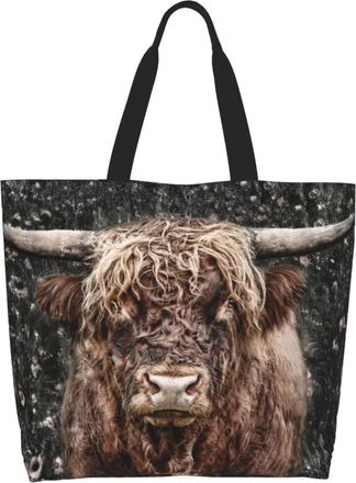Generic Cool Highland Cow Shopper Bag Foldable Grocery Bag Portable Shoulder Bags For College Daily Use Casual