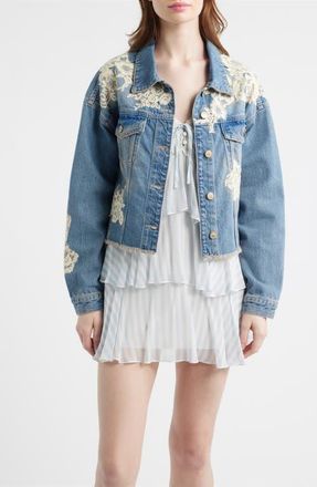 LoveShackFancy Amana Lace Patch Denim Jacket in Faded Blue at Nordstrom, Size Large