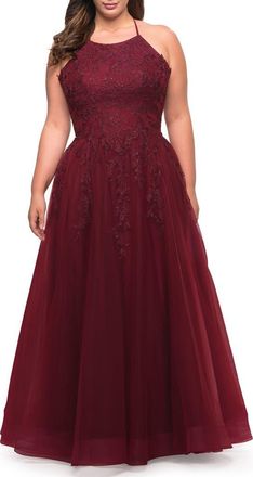 La Femme Tulle Gown with Lace Bodice and High Neckline in Wine at Nordstrom, Size 18W