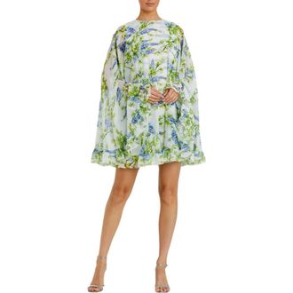 Mac Duggal Floral Print High Neck Ruffle Hem Cape Mini Dress in White Multi at Nordstrom, Size 0