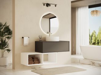 Vente-Unique Mobile bagno sospeso con lavabo tondo 1 cassetto Antracite e 2 nicchie Bianche 94 cm - TEANA II