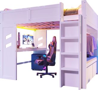 STILVORA Cama Alta 140 X 200 Cm Con Escritorio, Led, Usb, Tipo-c Y 2 Cajones, Sin Colch&oacute;n, De Madera, Blanco