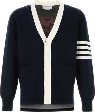 Thom Browne Crest Intarsia Jacquard 4-Bar Rugby Fit Cardigan - Heren - Vesten - Blauw - L - Katoen - Truien & Vesten