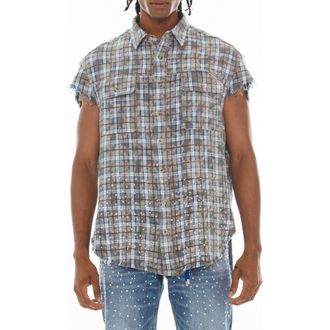 Cult of Individuality Plaid Short Sleeve Cotton Button-Up Shirt in Sky Blue at Nordstrom, Size Xx-Large