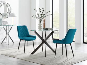 Furniturebox Novara 100cm Round Black Leg Dining Table & 2 Pesaro Black Leg Chairs in Blue