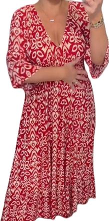 Generic Womens Bohemian Casual Print V-Neck Waist wrap Wrap 3/4 Sleeve Midi Plus Summer Floral Dress (RED,XXL)