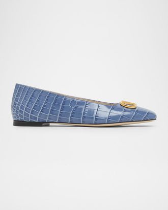 Valentino Garavani VLogo Croc-Embossed Leather Ballerina Flats