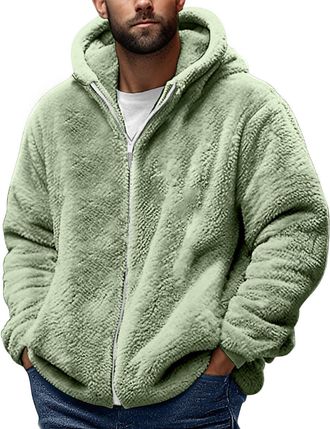 Generic Mens Fleece Full Zip Hoodie Fluffy Sherpa Jacket Long Sleeve Comfy Hoody Zip Up Winter Sherpa Fleece Jackets Warm Coat Thick Thermal Hooded Sweatshirt