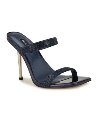 Nine West Yogirl Sandals Navy Slip On Square Toe Stiletto Heel HTAT736