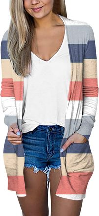 Generic Ladies Cardigans Ladies Summer Cardigans Striped Womens Lightweight Cardigan Open Front Longline Pockets Black Kimono Jacket Long Sleeve Women Knitted