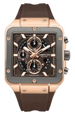 Kenneth Cole Arlington Automatic Chronograph Silicone Strap Watch, 43mm in Dark Brown at Nordstrom