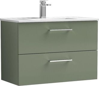 Nuie Nuie - Arno Satin Green 800mm Wall Hung 2 Drawer Vanity Unit and Minimalist Ceramic Basin - ARN826B