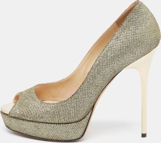 Jimmy Choo London Silver/gold Lurex Fabric Dahlia Peep Toe Pumps