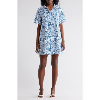 Stitchdrop Windjammer Short Sleeve Cotton Shirtdress in Lanai Blue Leaf at Nordstrom Rack, Size Small