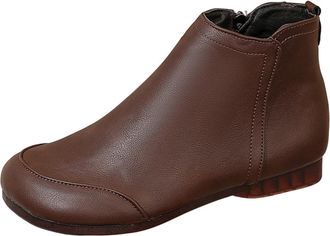 Generic Brown Ladies Chic Comfort Winter Short Boots with Round Toe and Side Zipper Flat Heel for Casual Wear in Cold Climate Indoor Outdoor Settings