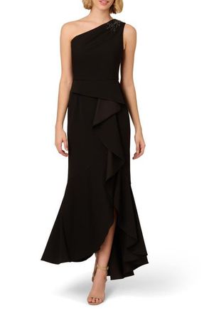 Adrianna Papell Beaded One-Shoulder Crepe Gown in Black at Nordstrom, Size 16
