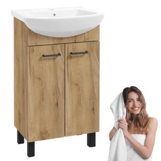 OEM Mueble De Ba&ntilde;o Sat D50 De Pie Con Lavabo, Roble Dorado, Dos Puertas
