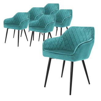 ML Design Ml-design - Set 6x Sillas De Comedor Azul Turquesa, Petr&oacute;leo Moderno Asiento Tapizado Aspecto De Terciopelo Patas De Metal Negras Con Respaldo Y Apoya