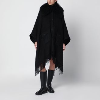 Moncler Mantella in misto lana, mohair e alpaca nera con collo in shearling