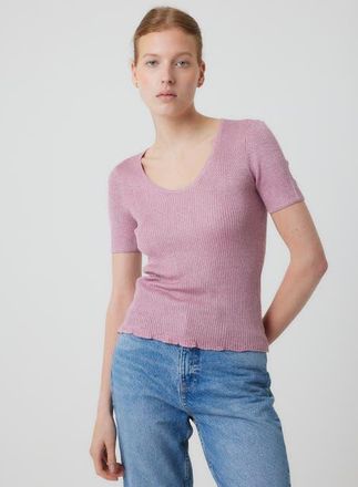 Majestic Filatures Viscose Metallic Rib Short Sleeve Scoopneck in Boisderose at Nordstrom, Size 3