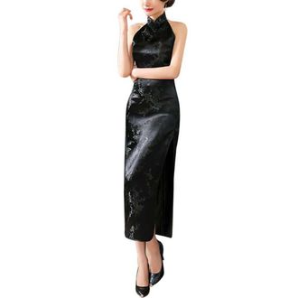 Generic Womens Halterneck Sleeveless Chinese Cheongsam Mandarin Collar Side Split Long Qipao Party Dress Outfit, Plum Black, L