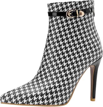 Generic European Style Womens Autumn Winter Pointed Toe High Heel Ankle Boots with Back Zipper and Buckle Detail for Fashionable Outfits (Black, 5.5)