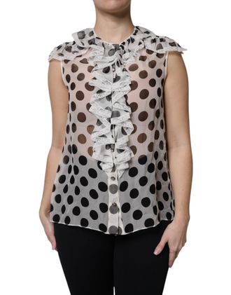 Dolce & Gabbana Womens Polka Dot Silk Blouse Ruffled Neckline - White