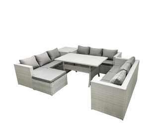Fimous Rattan Garden Outdoor Furniture Set 10 Seater Garden Sofa Rectangulr Dining Table Set with Big Footstool Side Table Light Grey Mixed