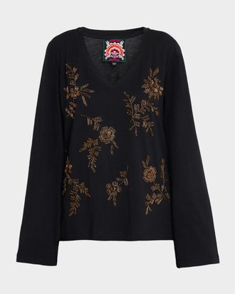 Johnny Was Floral Beaded Cotton Top