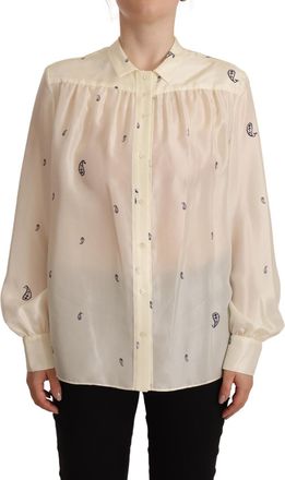 Aspesi Off White 100% Silk Long Sleeves Collared Top Womens Blouse