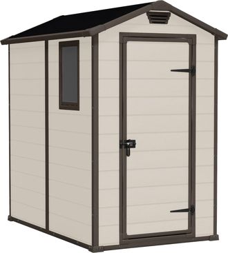 Keter Manor 4x6 - Caseta De Jard&iacute;n 130x198x192 Cm 1 Puerta Para Almacenamiento De Herramientas Acabado Efecto Madera Rayada En Resina Beige