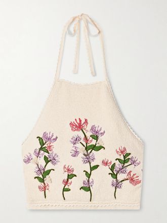 Agua Bendita Crop Top In Misto Cotone Boucl&eacute; Con Scollo Allamericana, Ricami E Applicazioni Carlota Honeysuckle - Crema