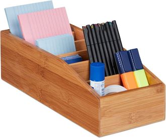 Relaxdays Relaxdays - 2 Cajas De Almacenaje De Bamb&uacute;, Seis Compartimentos, Organizadores De Escritorio, Ba&ntilde;o, Cocina, Marr&oacute;n, 10 X 14 X 35 Cm