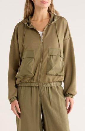 T Tahari Mixed Media Zip Up Hoodie in Olive Green at Nordstrom Rack, Size Large