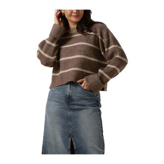 Co'Couture Beige Gestreept Gebreide Trui - Dames - Ronde hals truien - Beige - XL - Truien & Vesten