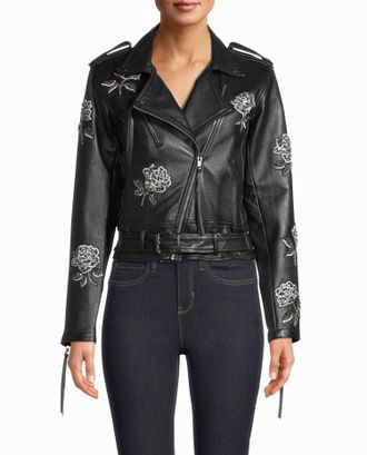 Nicole Miller Embellished Rose Moto Jacket In Black Embellished Rose